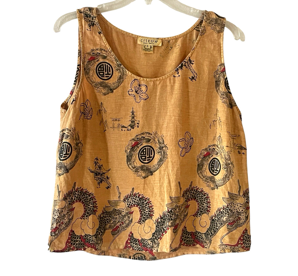 CITRON SANTA MONICA Size Large Yellow Linen Asian Dragon Sleeveless Tank Top